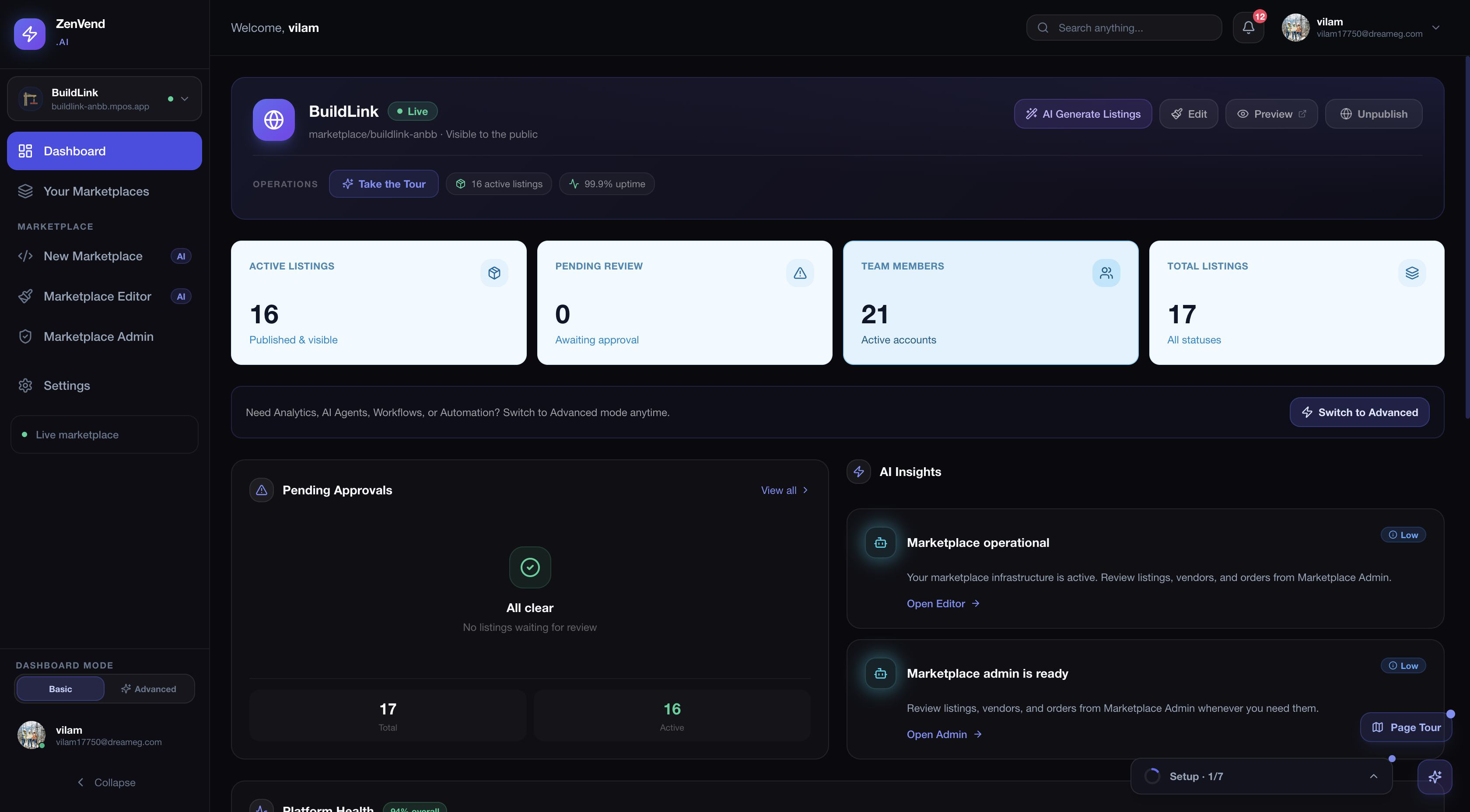 ZenVend marketplace dashboard