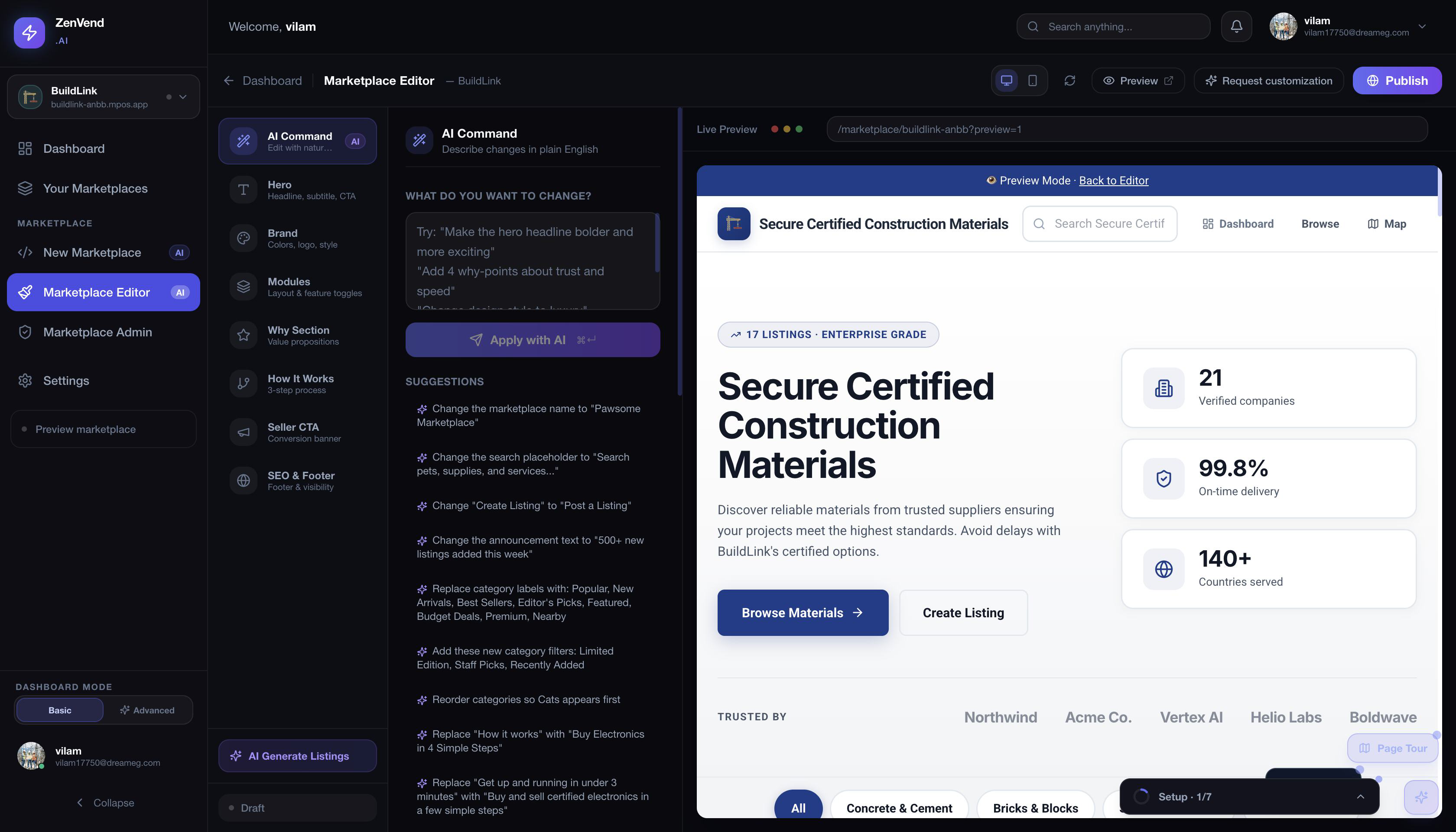 Generated marketplace editor and live preview
